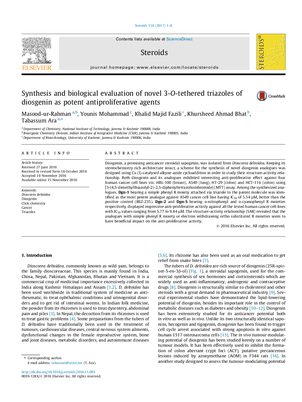 Synthesis and biological evaluation of novel 3-O-tethered triazoles of diosgenin as potent antiproliferative agents