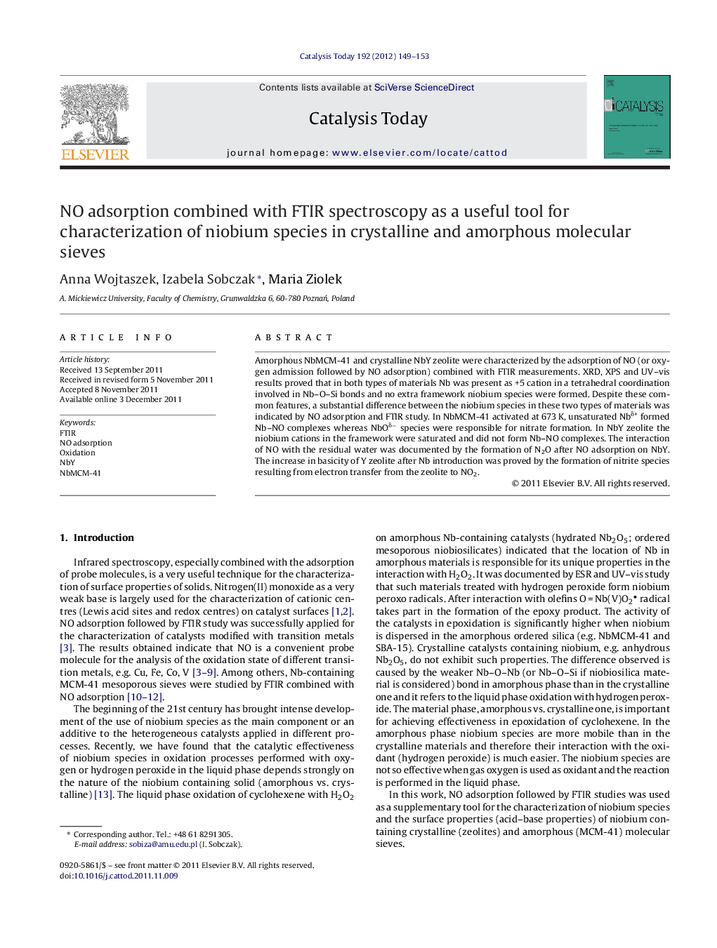 NO adsorption combined with FTIR spectroscopy as a useful tool for characterization of niobium species in crystalline and amorphous molecular sieves