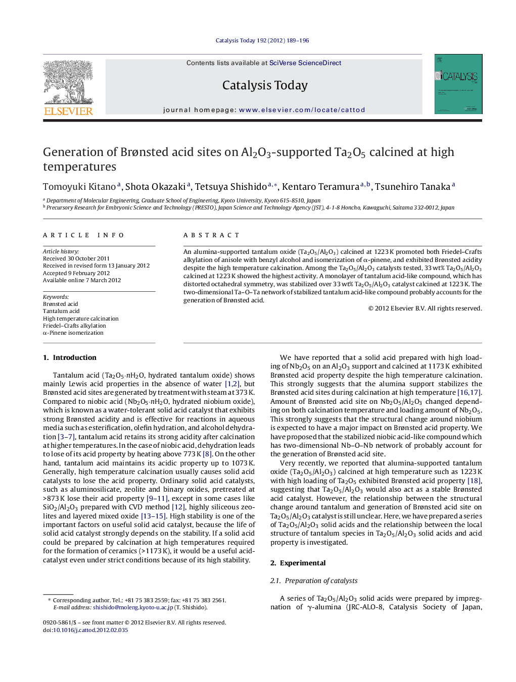 Generation of Brønsted acid sites on Al2O3-supported Ta2O5 calcined at high temperatures