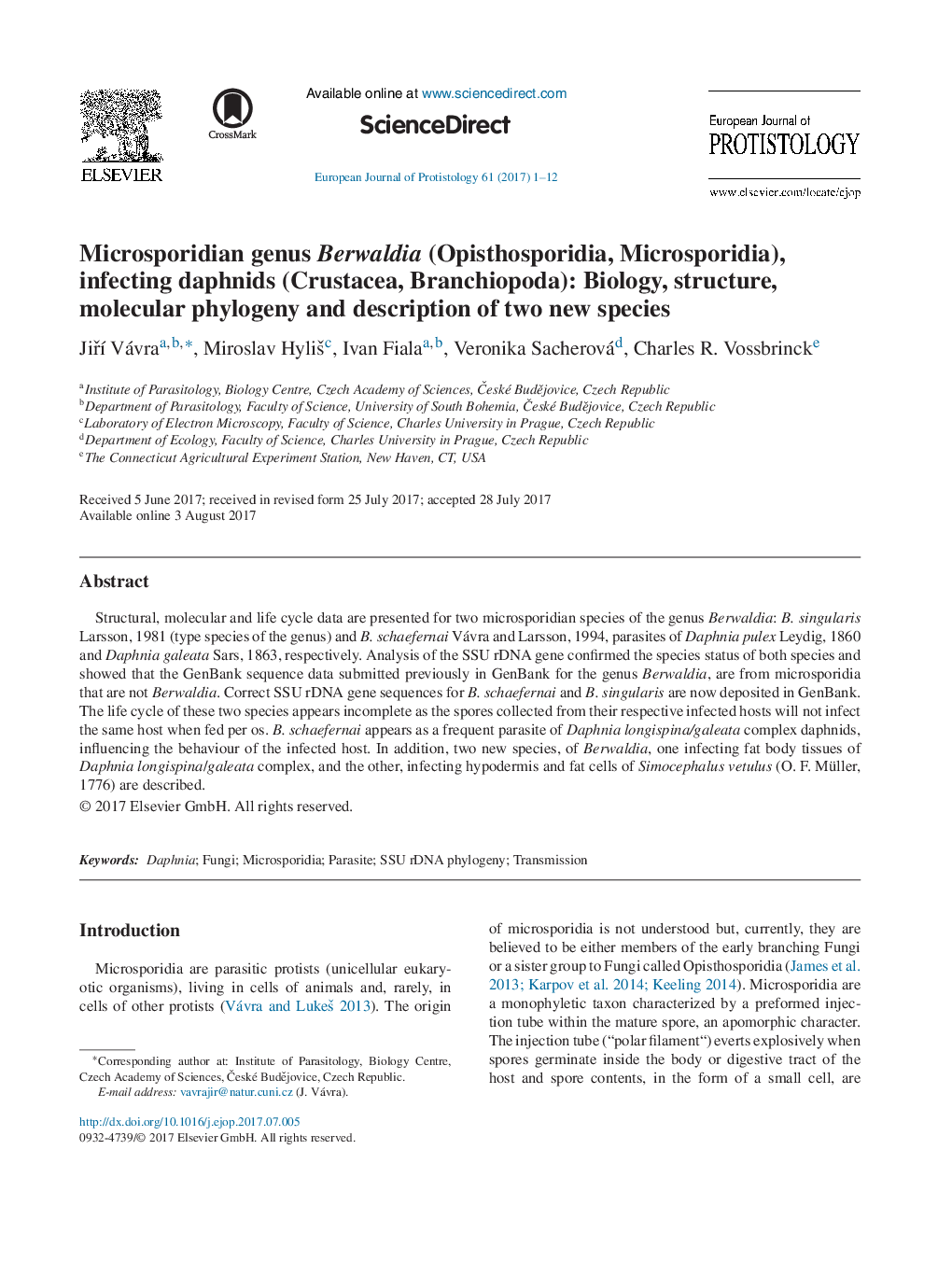 Microsporidian genus Berwaldia (Opisthosporidia, Microsporidia), infecting daphnids (Crustacea, Branchiopoda): Biology, structure, molecular phylogeny and description of two new species