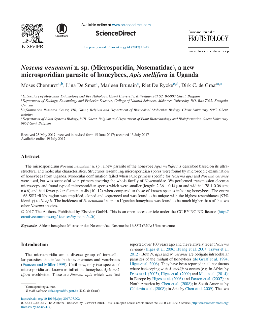 Nosema neumanni n. sp. (Microsporidia, Nosematidae), a new microsporidian parasite of honeybees, Apis mellifera in Uganda
