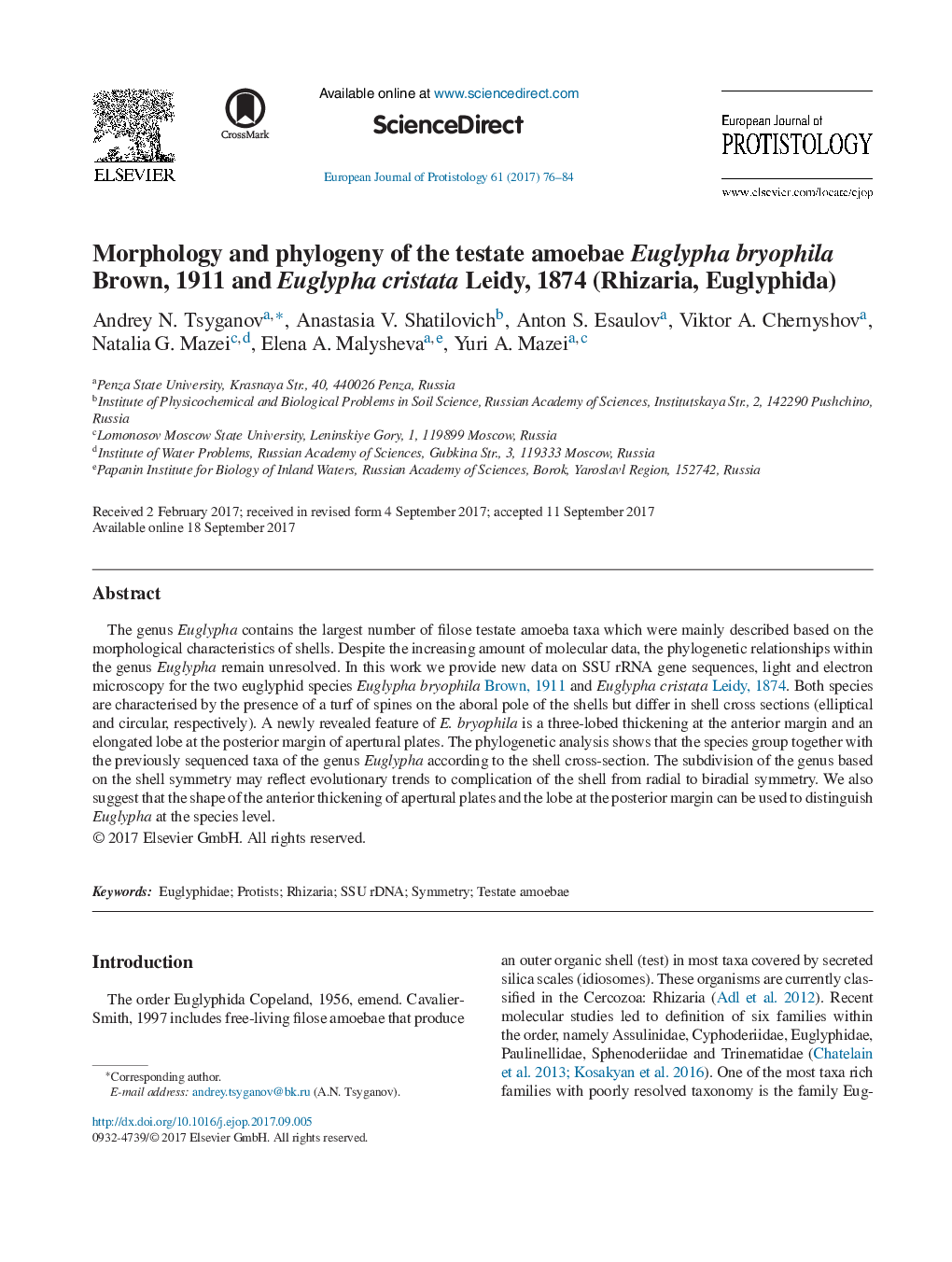 Morphology and phylogeny of the testate amoebae Euglypha bryophila Brown, 1911 and Euglypha cristata Leidy, 1874 (Rhizaria, Euglyphida)