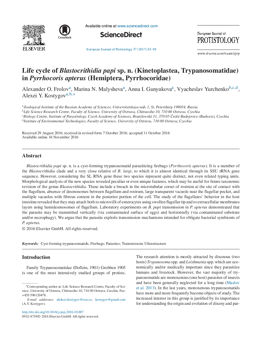 Life cycle of Blastocrithidia papi sp. n. (Kinetoplastea, Trypanosomatidae) in Pyrrhocoris apterus (Hemiptera, Pyrrhocoridae)