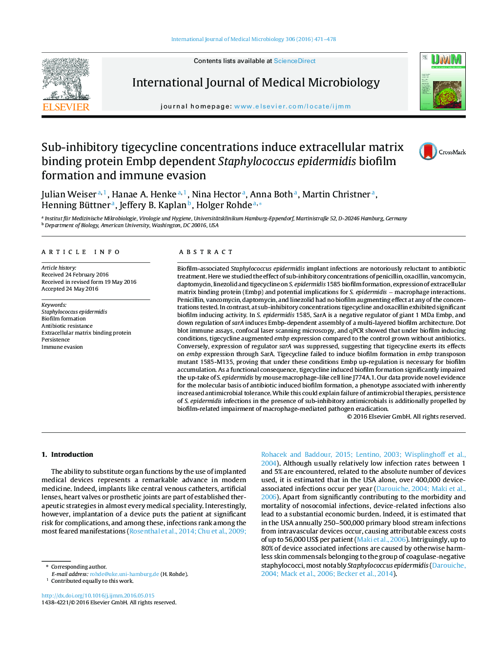 Sub-inhibitory tigecycline concentrations induce extracellular matrix binding protein Embp dependent Staphylococcus epidermidis biofilm formation and immune evasion