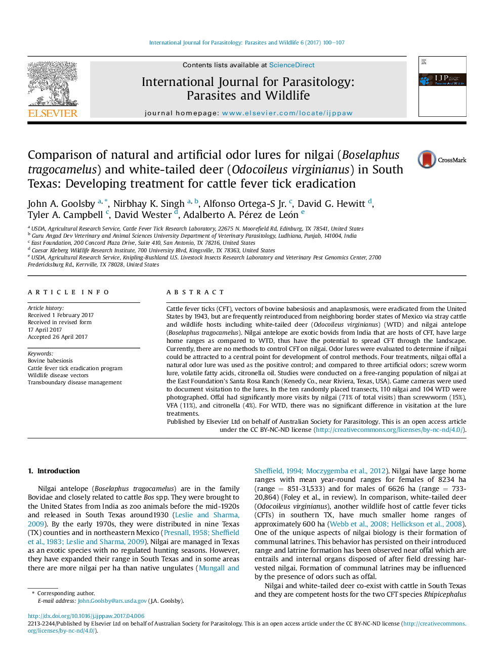 Comparison of natural and artificial odor lures for nilgai (Boselaphus tragocamelus) and white-tailed deer (Odocoileus virginianus) in South Texas: Developing treatment for cattle fever tick eradication