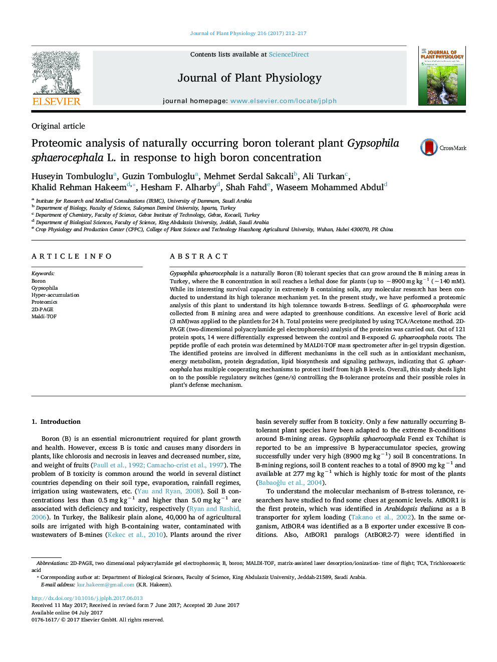 Original articleProteomic analysis of naturally occurring boron tolerant plant Gypsophila sphaerocephala L. in response to high boron concentration