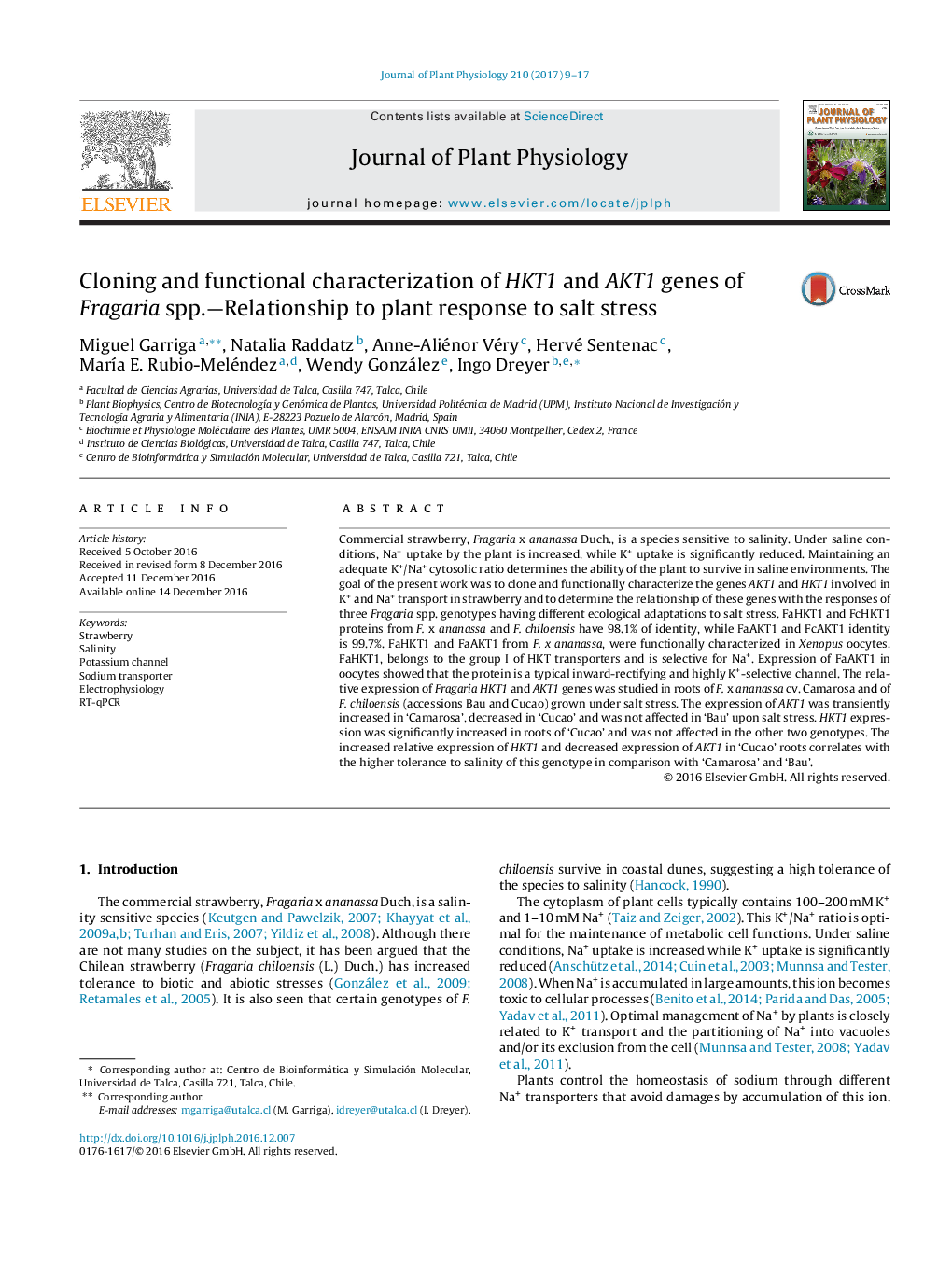 Cloning and functional characterization of HKT1 and AKT1 genes of Fragaria spp.-Relationship to plant response to salt stress