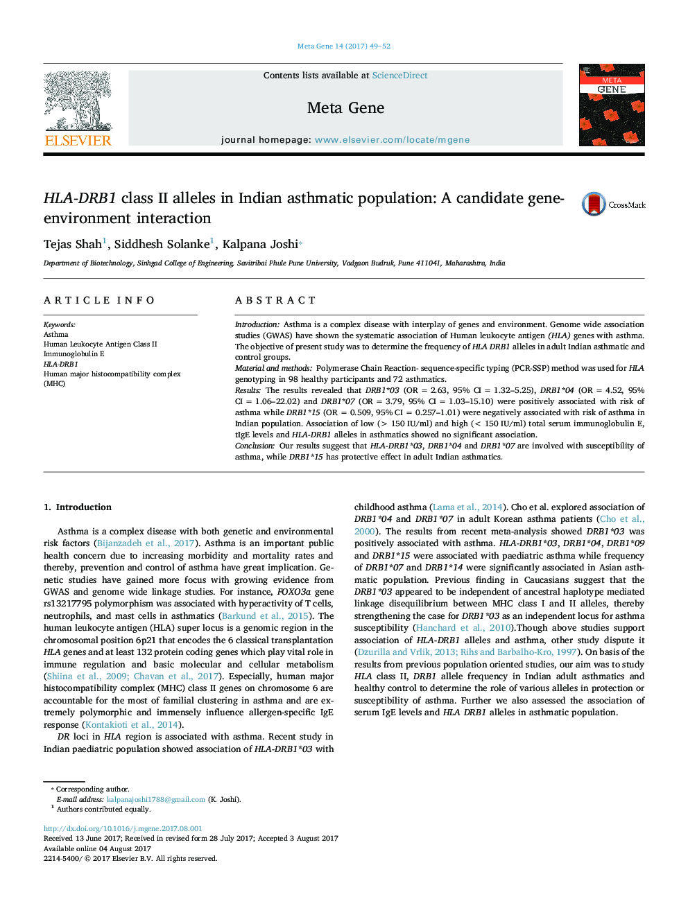 HLA-DRB1 class II alleles in Indian asthmatic population: A candidate gene-environment interaction