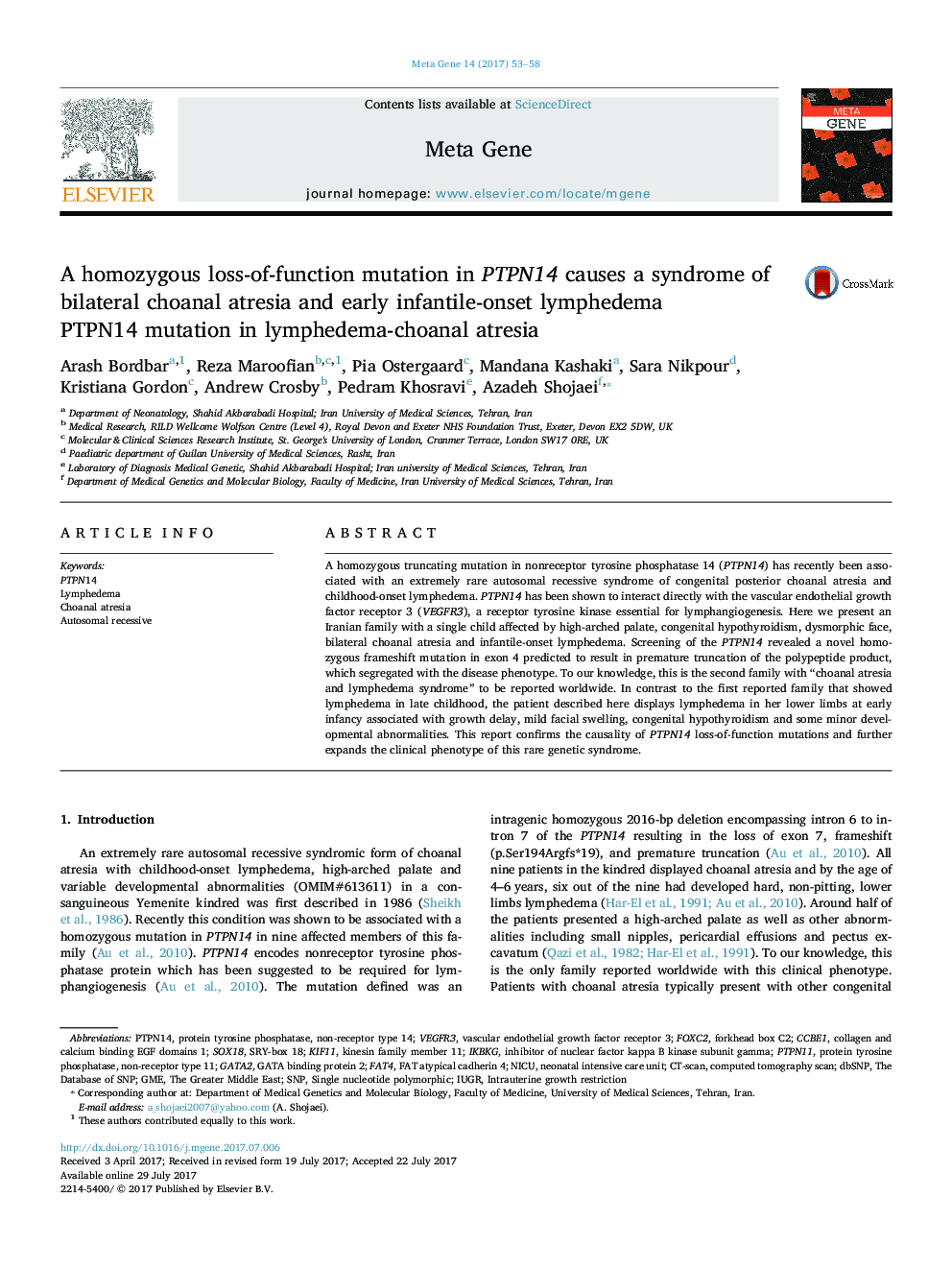 A homozygous loss-of-function mutation in PTPN14 causes a syndrome of bilateral choanal atresia and early infantile-onset lymphedema: PTPN14 mutation in lymphedema-choanal atresia