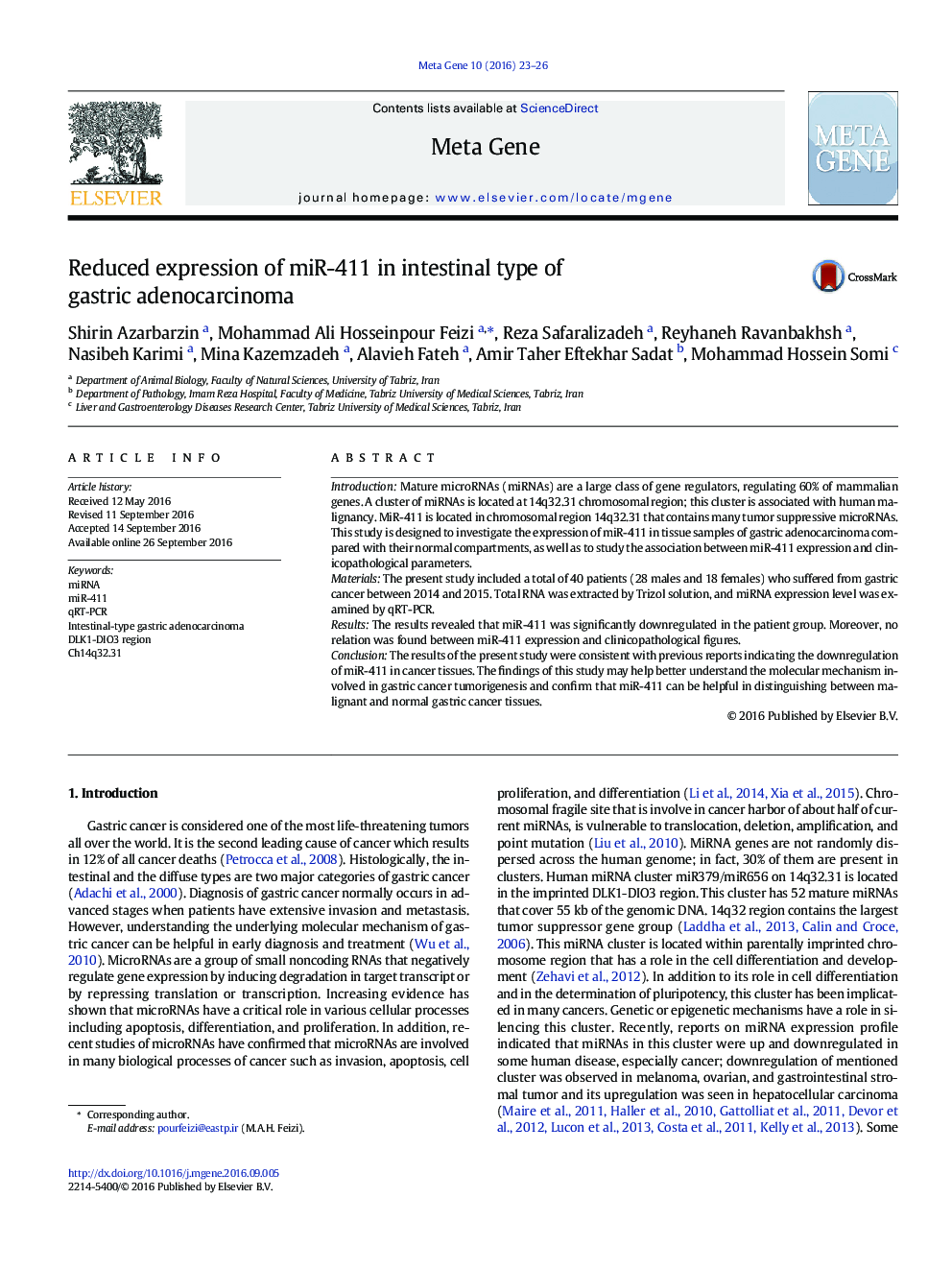 Reduced expression of miR-411 in intestinal type of gastric adenocarcinoma