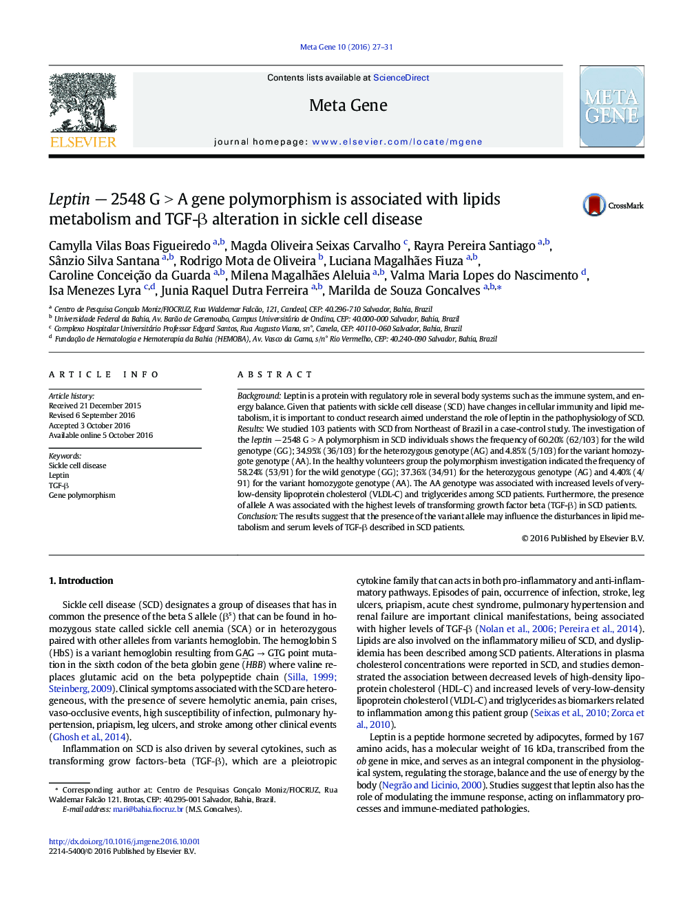 Leptin âÂ 2548 GÂ >Â A gene polymorphism is associated with lipids metabolism and TGF-Î² alteration in sickle cell disease
