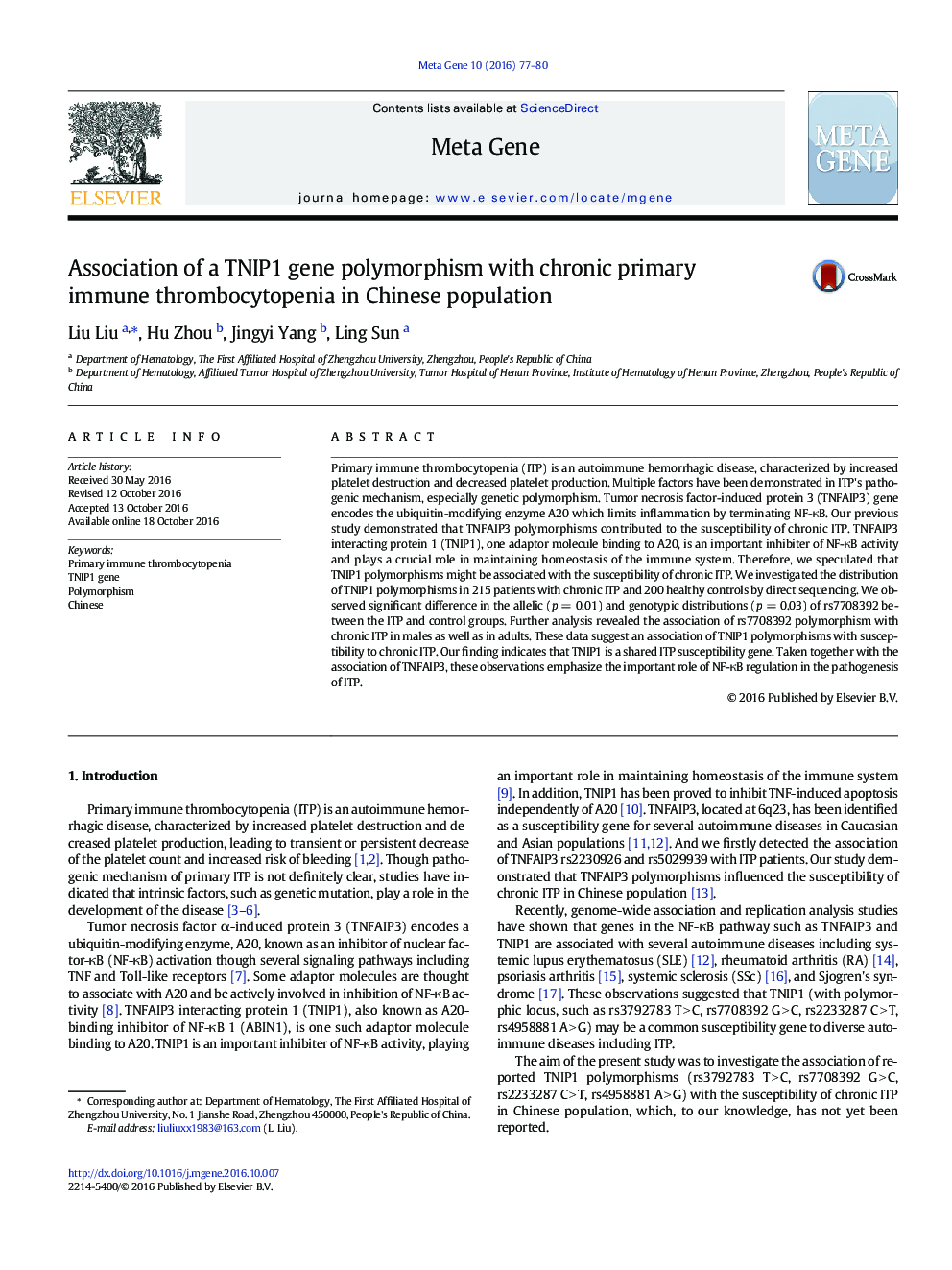 Association of a TNIP1 gene polymorphism with chronic primary immune thrombocytopenia in Chinese population