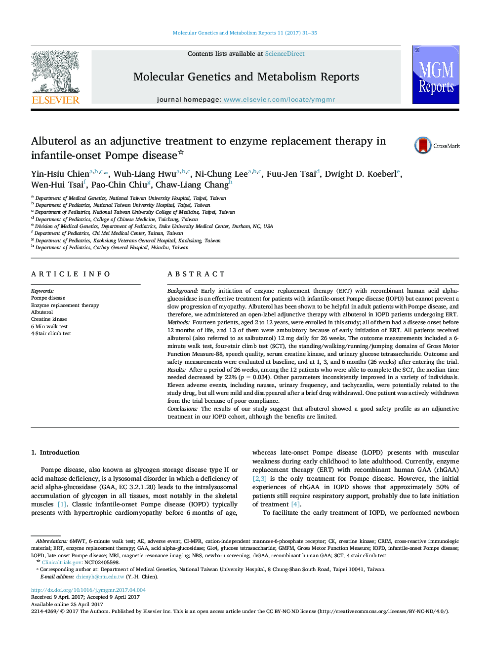 Albuterol as an adjunctive treatment to enzyme replacement therapy in infantile-onset Pompe disease