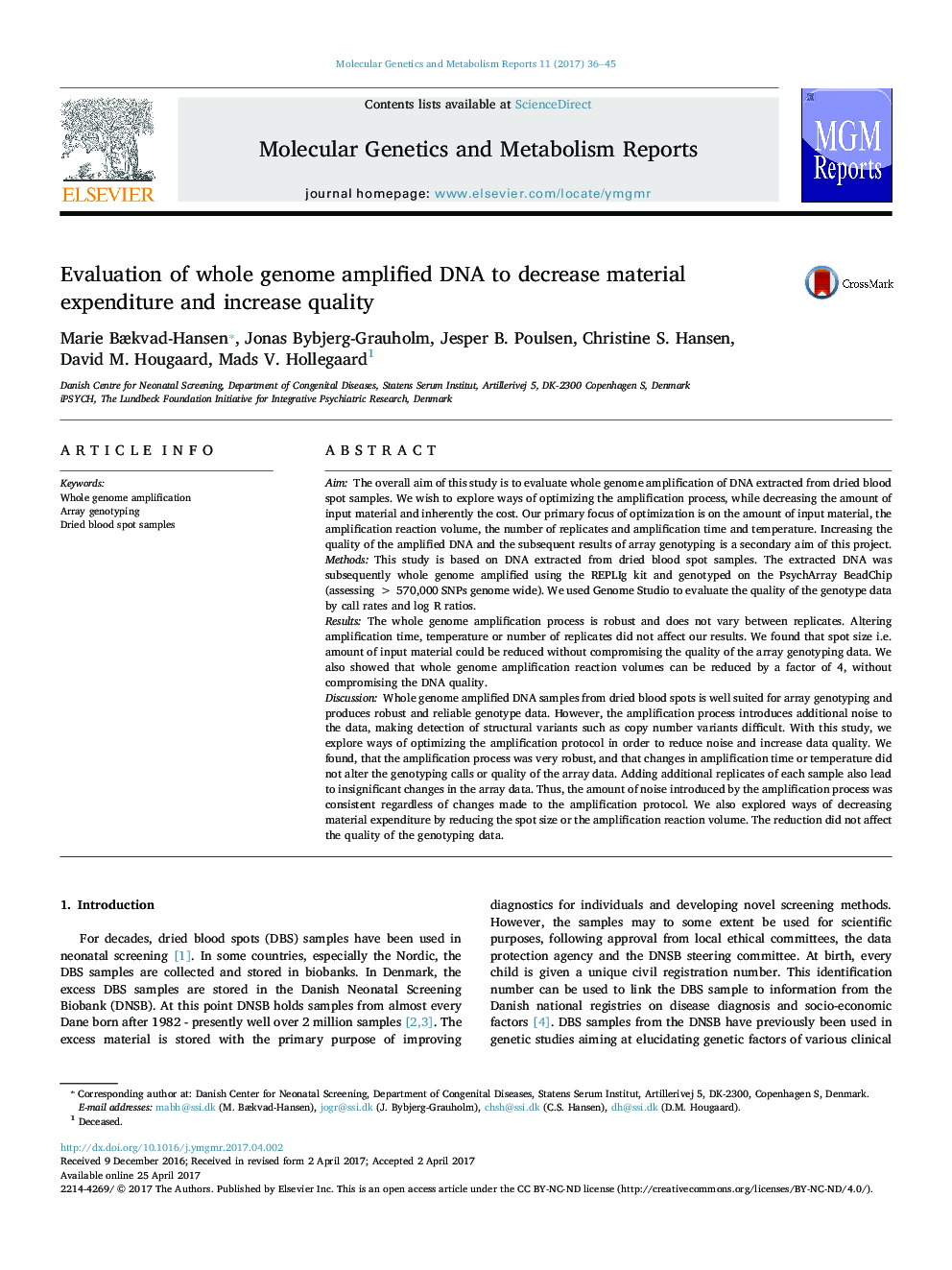 Evaluation of whole genome amplified DNA to decrease material expenditure and increase quality