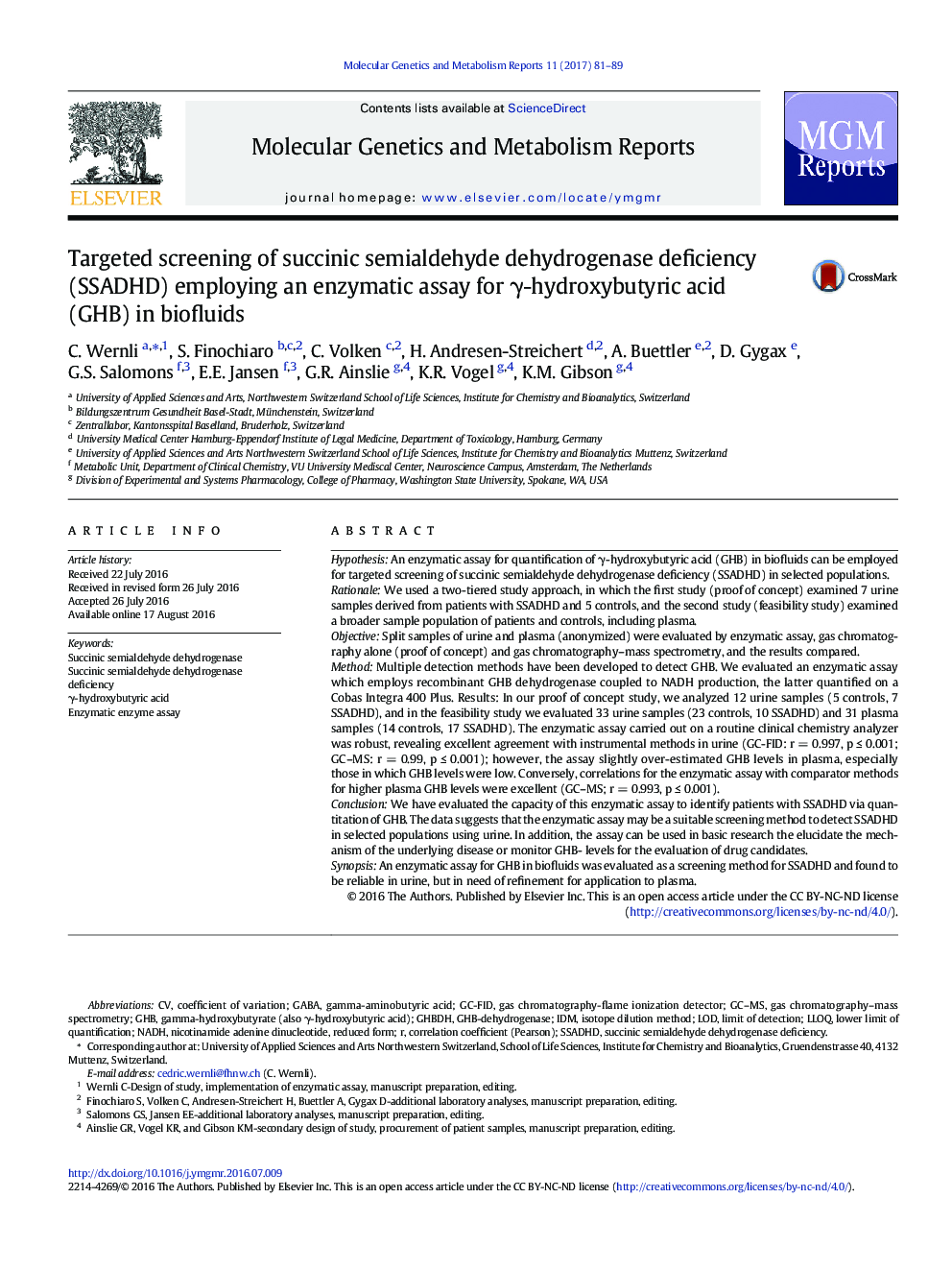 Targeted screening of succinic semialdehyde dehydrogenase deficiency (SSADHD) employing an enzymatic assay for Î³-hydroxybutyric acid (GHB) in biofluids
