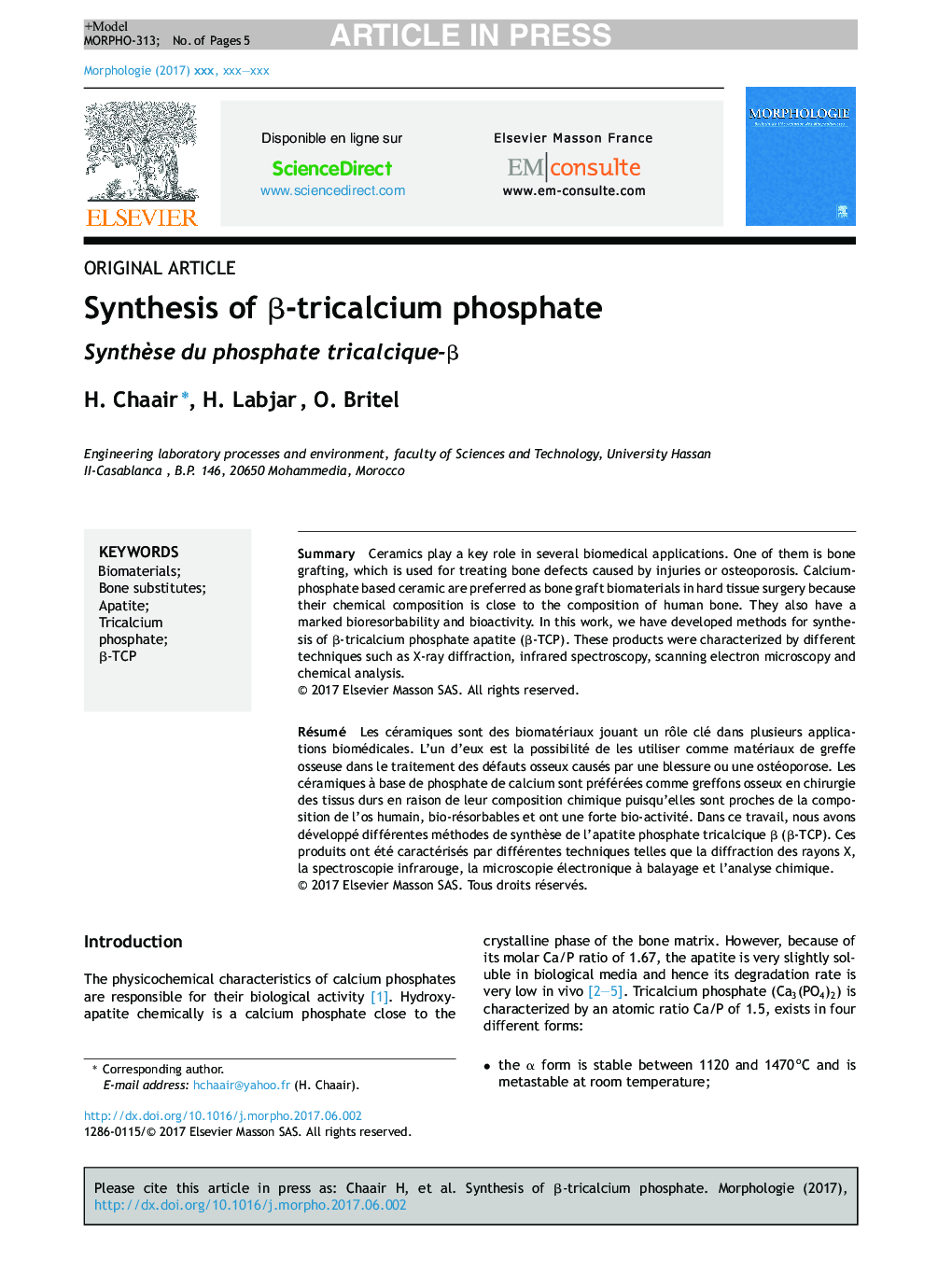 Synthesis of Î²-tricalcium phosphate