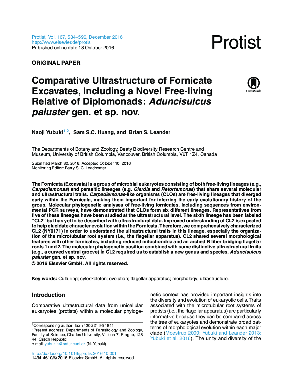 Original PaperComparative Ultrastructure of Fornicate Excavates, Including a Novel Free-living Relative of Diplomonads: Aduncisulcus paluster gen. et sp. nov.