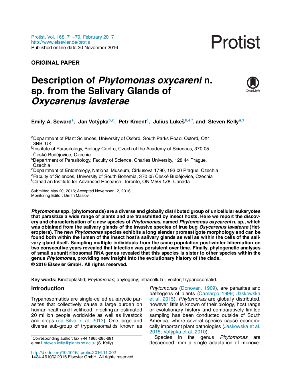 Original PaperDescription of Phytomonas oxycareni n. sp. from the Salivary Glands of Oxycarenus lavaterae
