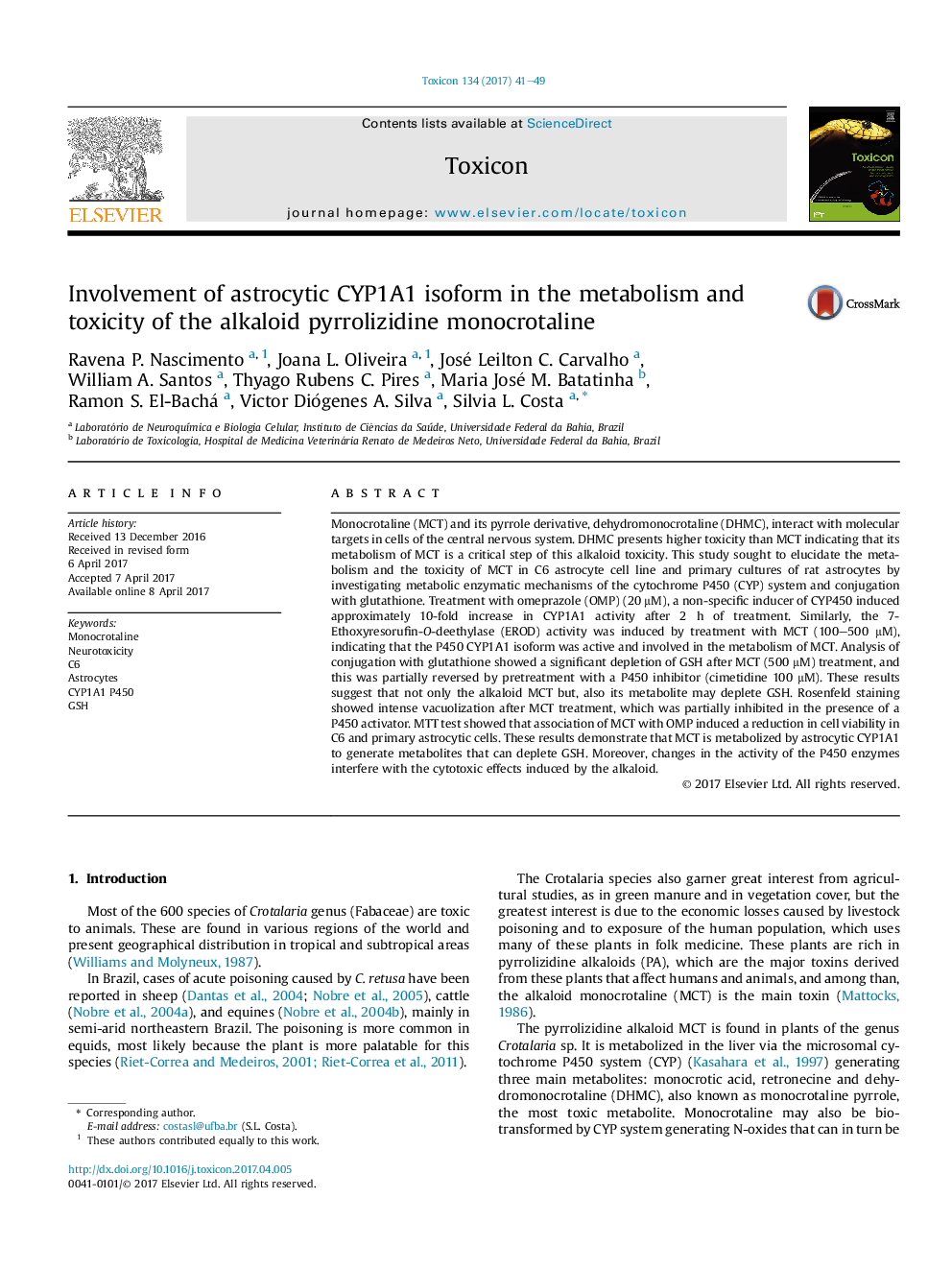 Involvement of astrocytic CYP1A1 isoform in the metabolism and toxicity of the alkaloid pyrrolizidine monocrotaline