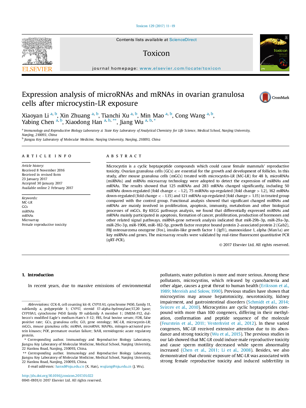 Expression analysis of microRNAs and mRNAs in ovarian granulosa cells after microcystin-LR exposure