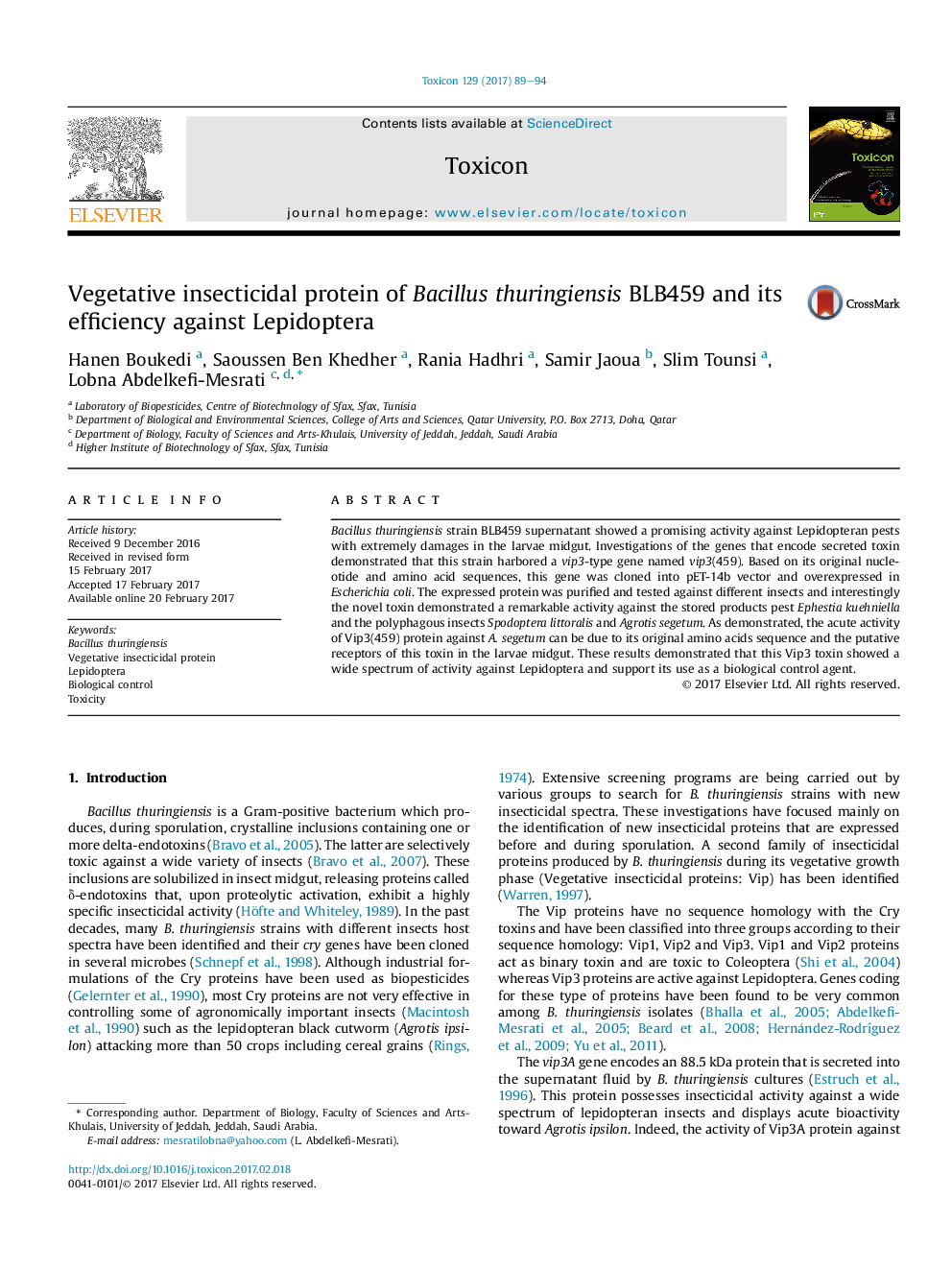 Vegetative insecticidal protein of Bacillus thuringiensis BLB459 and its efficiency against Lepidoptera