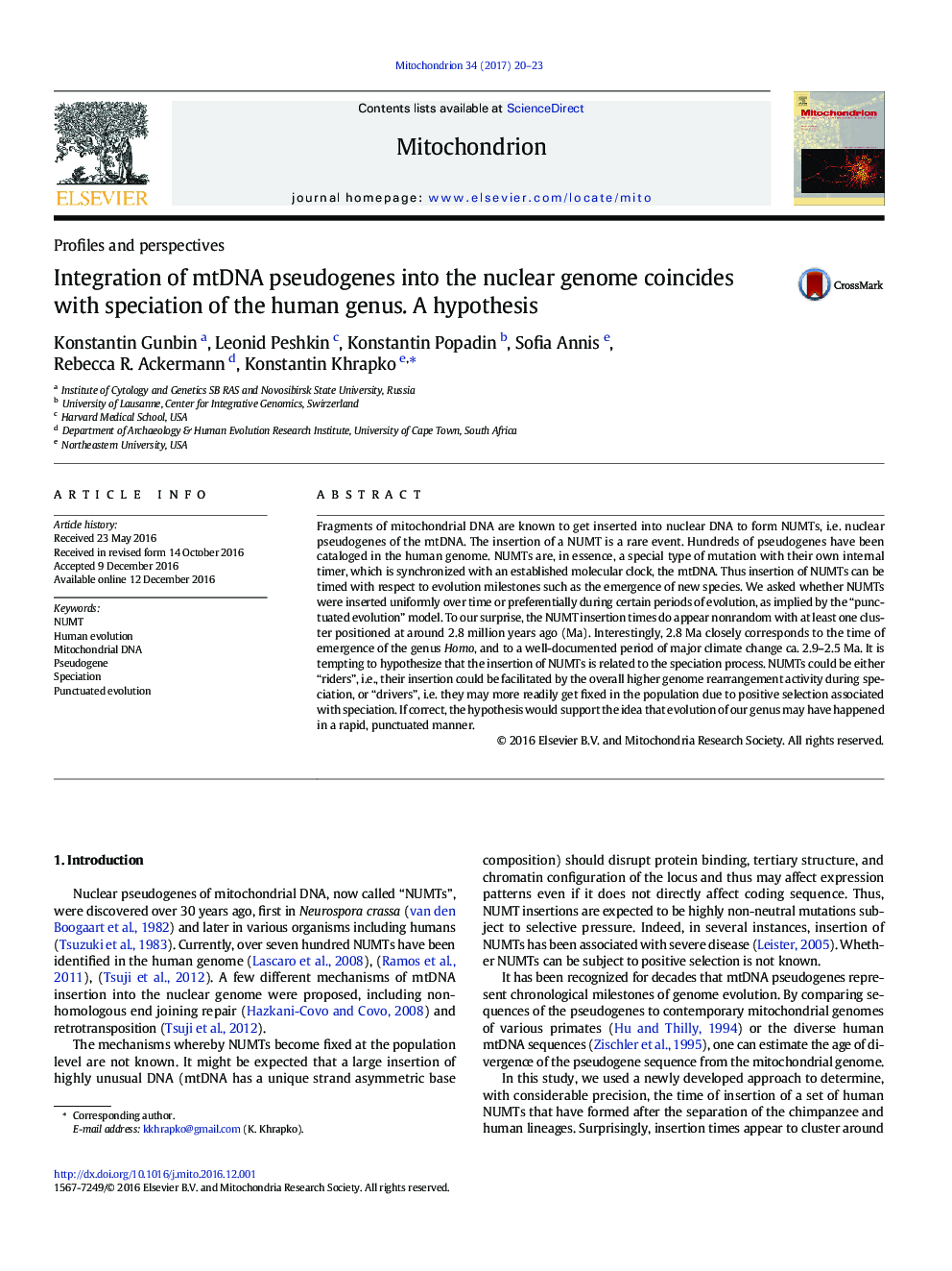 Integration of mtDNA pseudogenes into the nuclear genome coincides with speciation of the human genus. A hypothesis