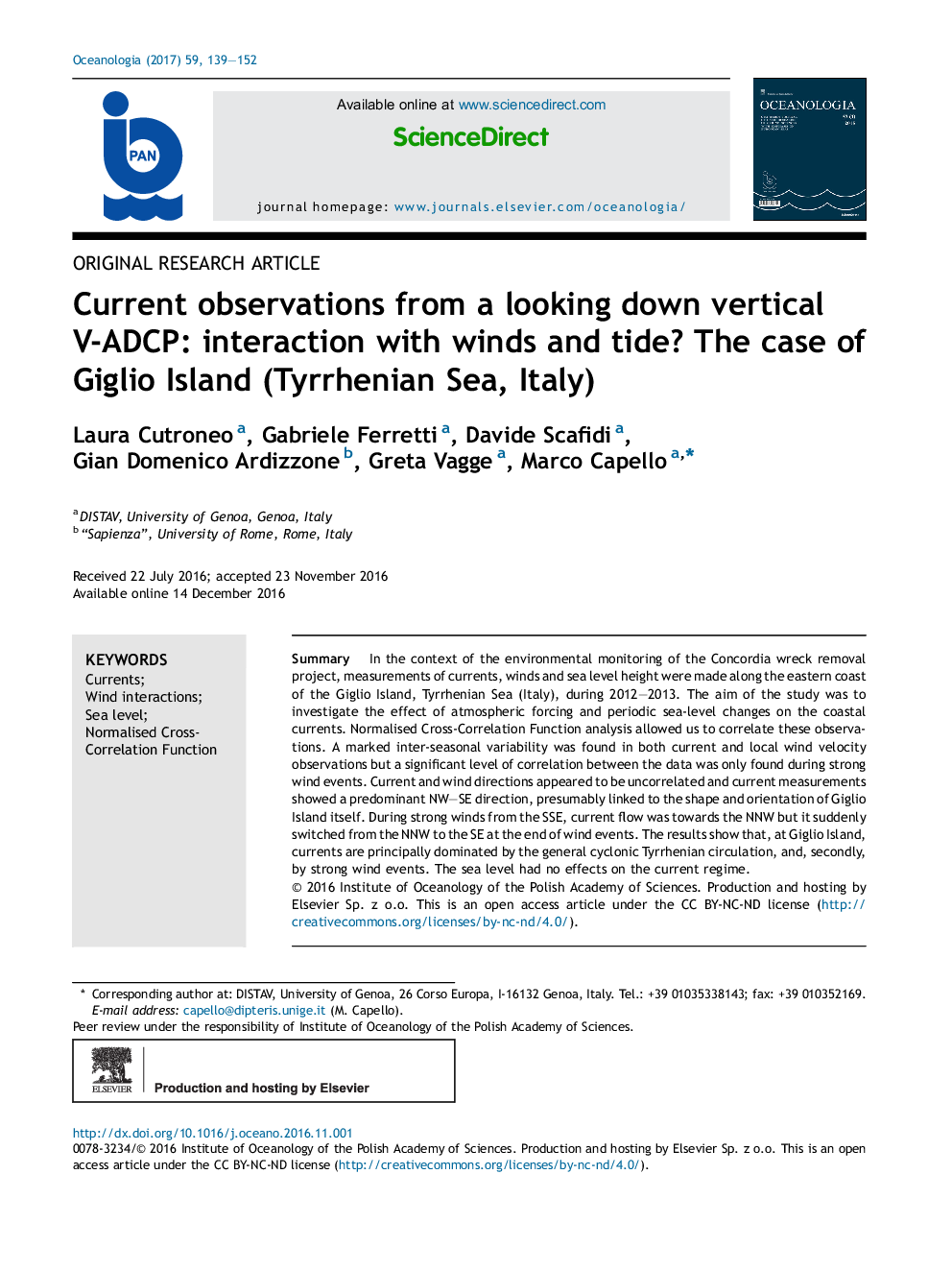 Current observations from a looking down vertical V-ADCP: interaction with winds and tide? The case of Giglio Island (Tyrrhenian Sea, Italy)