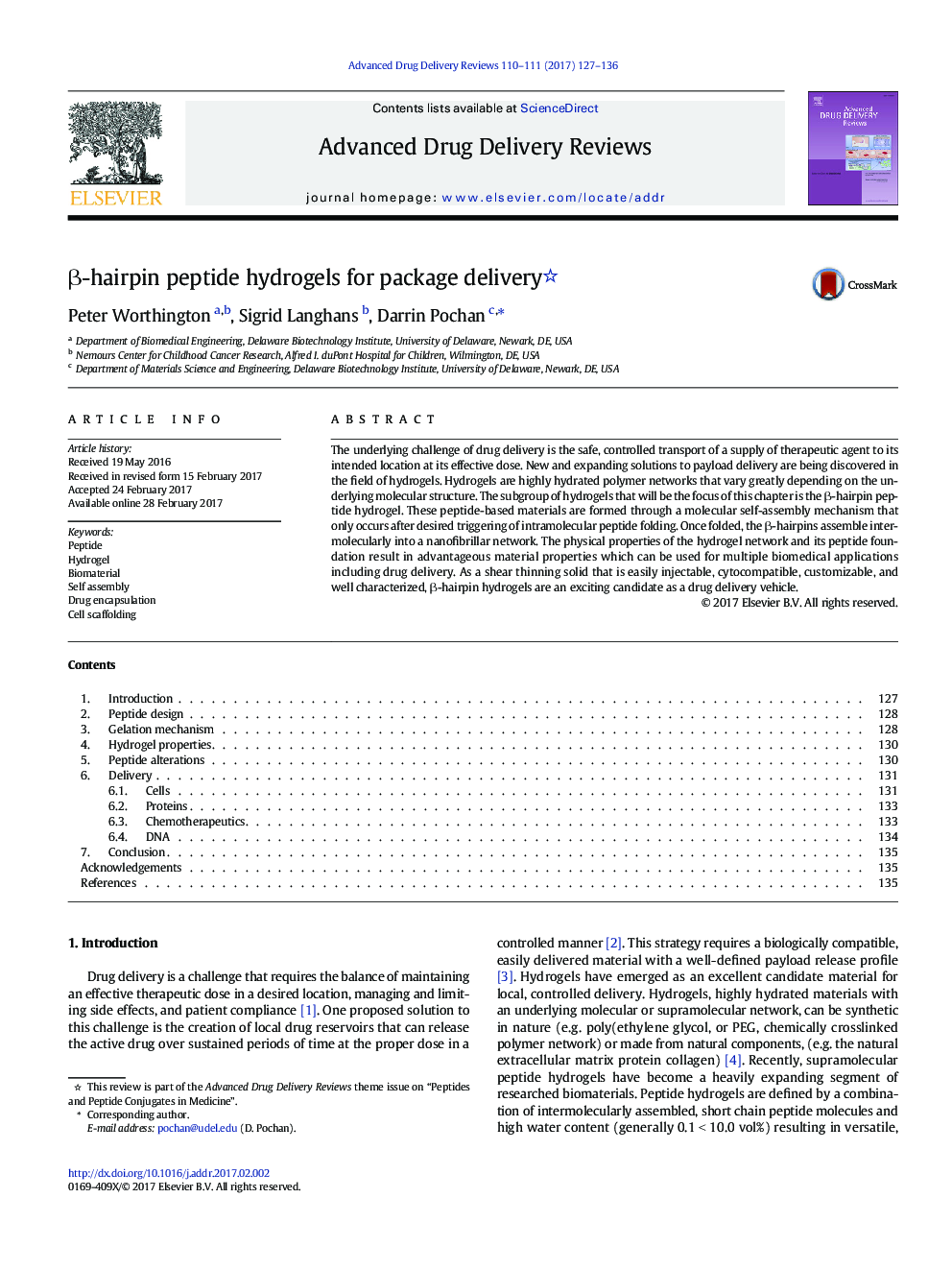 Î²-hairpin peptide hydrogels for package delivery