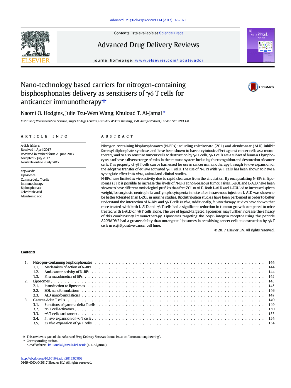 Nano-technology based carriers for nitrogen-containing bisphosphonates delivery as sensitisers of Î³Î´ T cells for anticancer immunotherapy