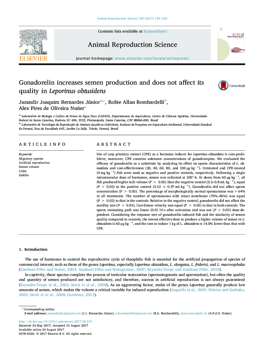 Gonadorelin increases semen production and does not affect its quality in Leporinus obtusidens