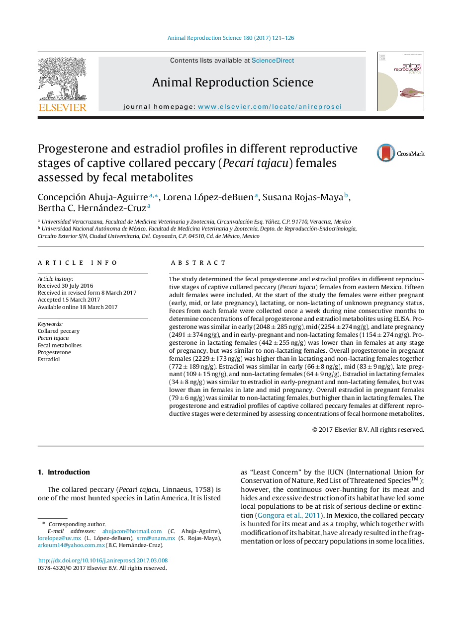 Progesterone and estradiol profiles in different reproductive stages of captive collared peccary (Pecari tajacu) females assessed by fecal metabolites