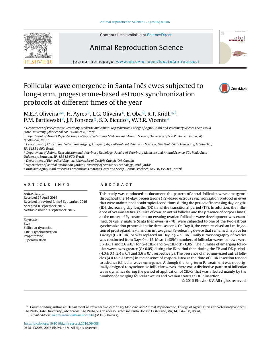 Follicular wave emergence in Santa InÃªs ewes subjected to long-term, progesterone-based estrous synchronization protocols at different times of the year