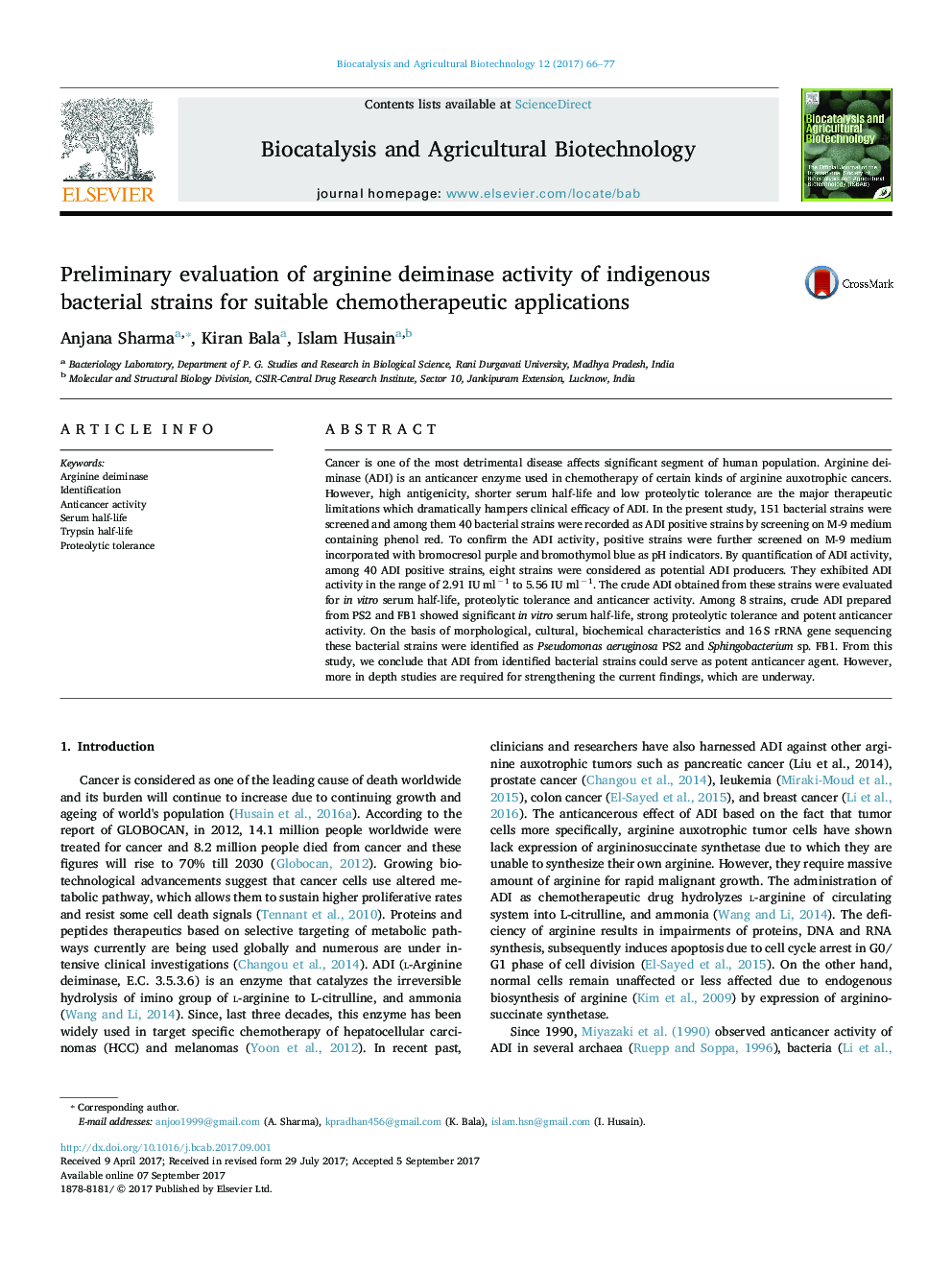Preliminary evaluation of arginine deiminase activity of indigenous bacterial strains for suitable chemotherapeutic applications