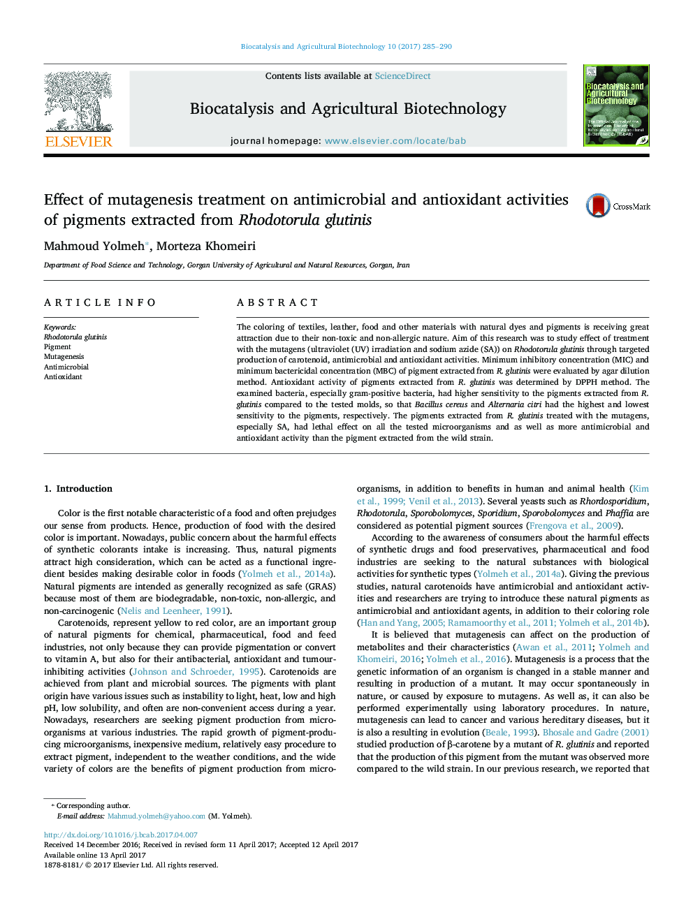 Effect of mutagenesis treatment on antimicrobial and antioxidant activities of pigments extracted from Rhodotorula glutinis