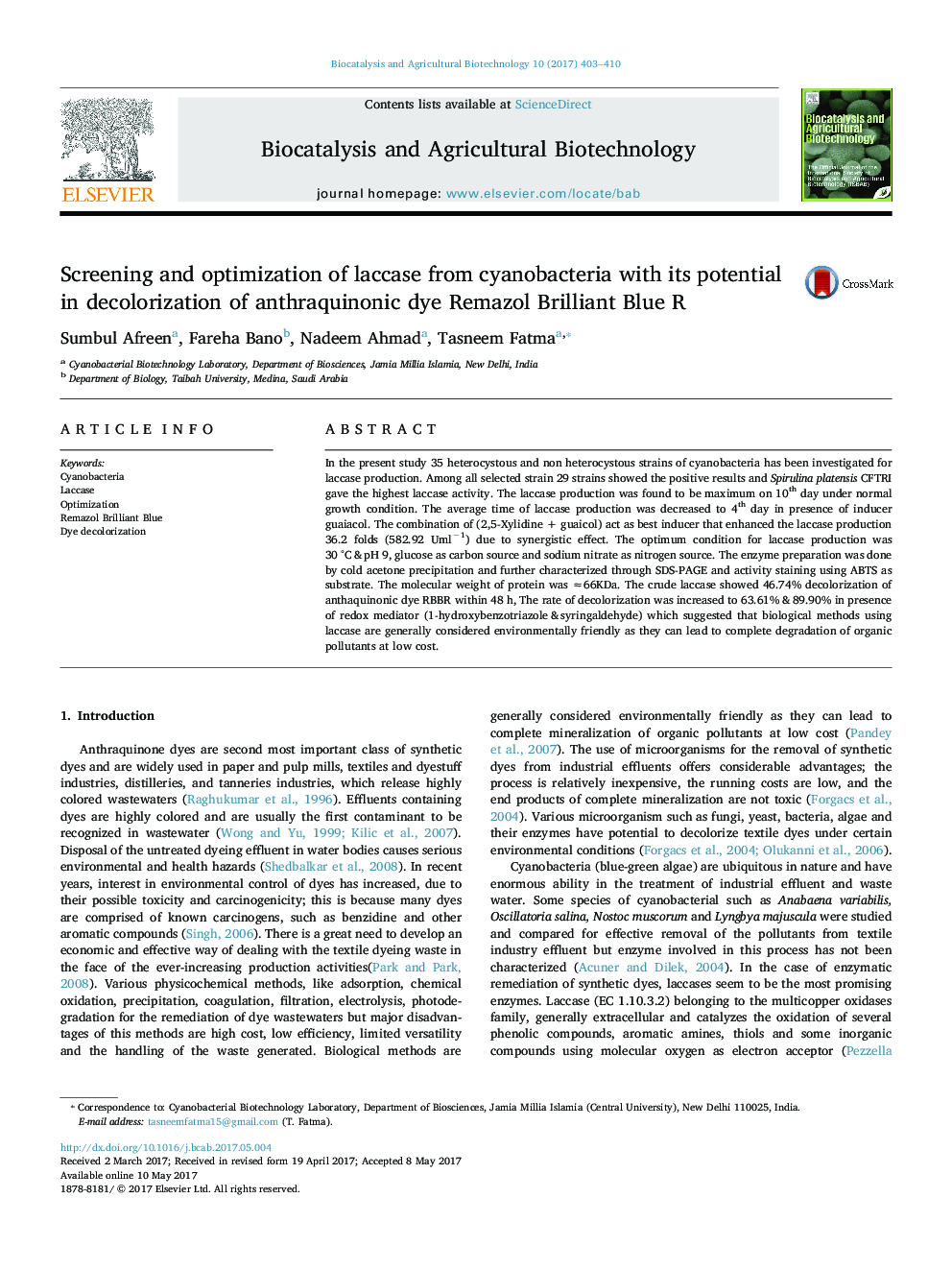 Screening and optimization of laccase from cyanobacteria with its potential in decolorization of anthraquinonic dye Remazol Brilliant Blue R