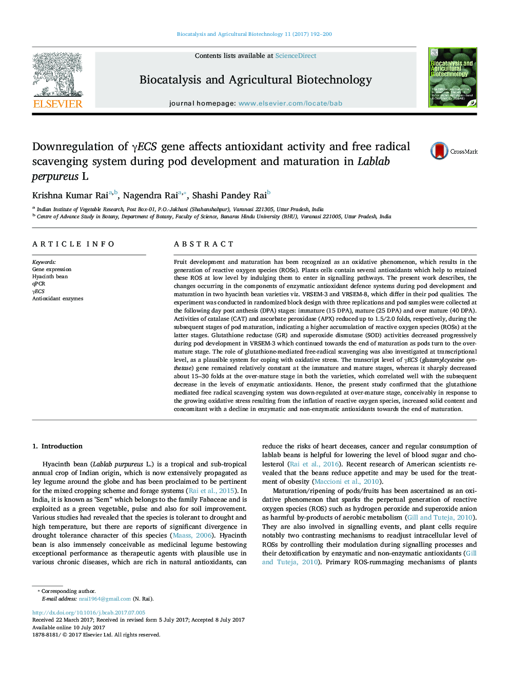 Downregulation of Î³ECS gene affects antioxidant activity and free radical scavenging system during pod development and maturation in Lablab perpureus L