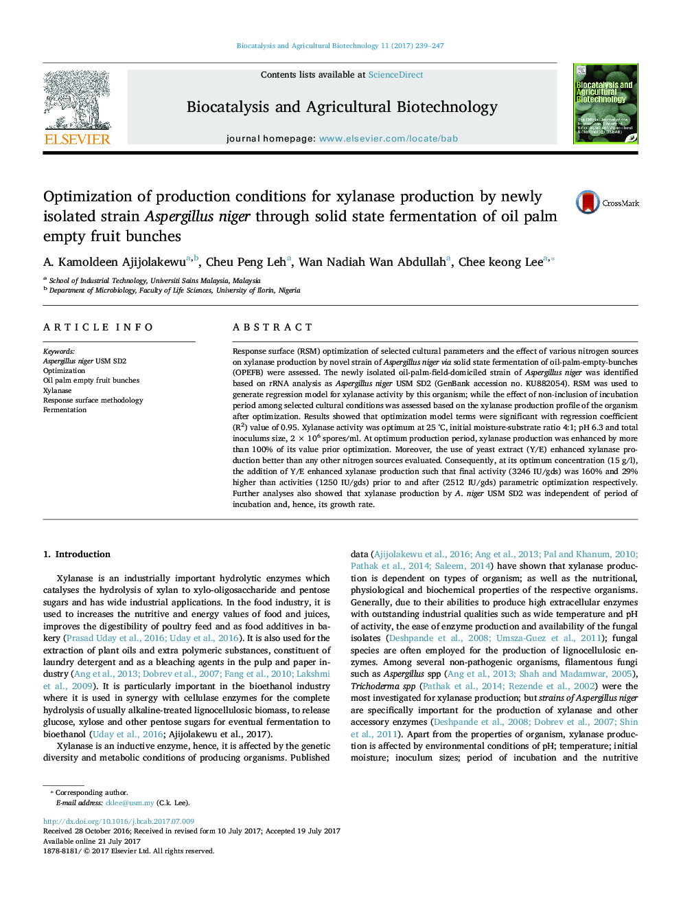 Optimization of production conditions for xylanase production by newly isolated strain Aspergillus niger through solid state fermentation of oil palm empty fruit bunches