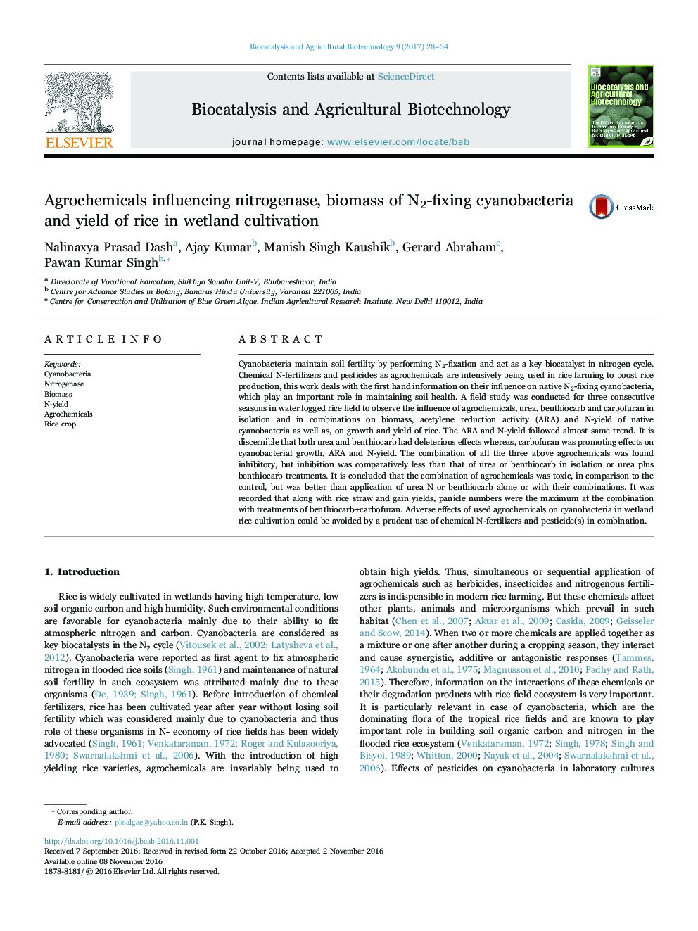 Agrochemicals influencing nitrogenase, biomass of N2-fixing cyanobacteria and yield of rice in wetland cultivation