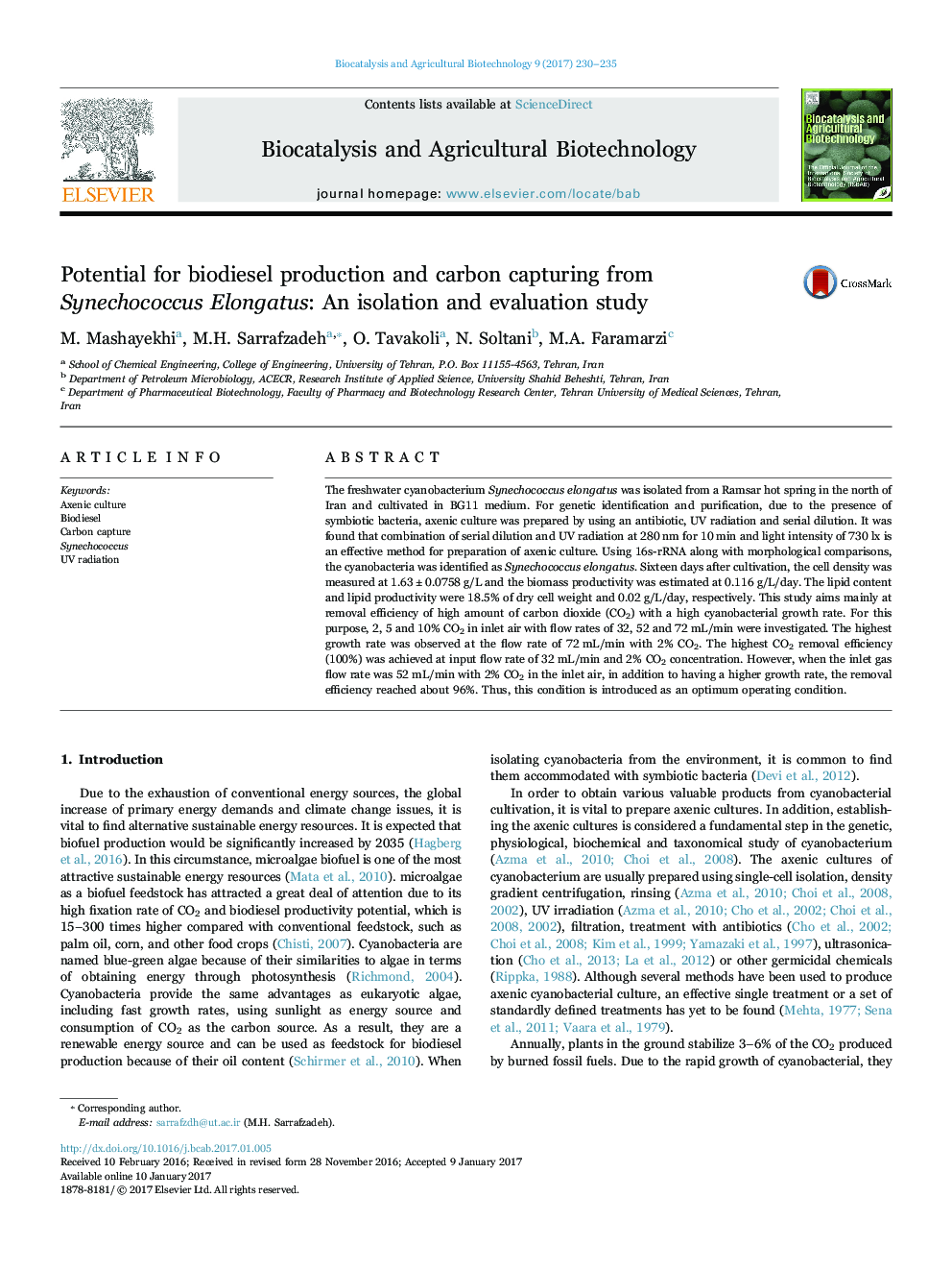 Potential for biodiesel production and carbon capturing from Synechococcus Elongatus: An isolation and evaluation study