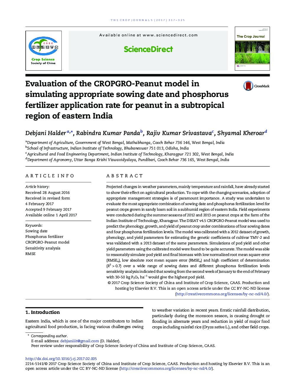 Evaluation of the CROPGRO-Peanut model in simulating appropriate sowing date and phosphorus fertilizer application rate for peanut in a subtropical region of eastern India