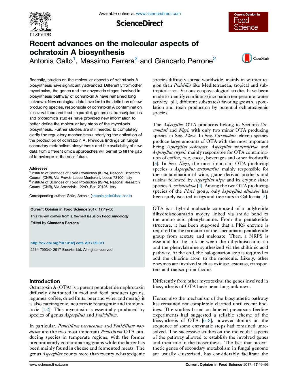 Recent advances on the molecular aspects of ochratoxin A biosynthesis