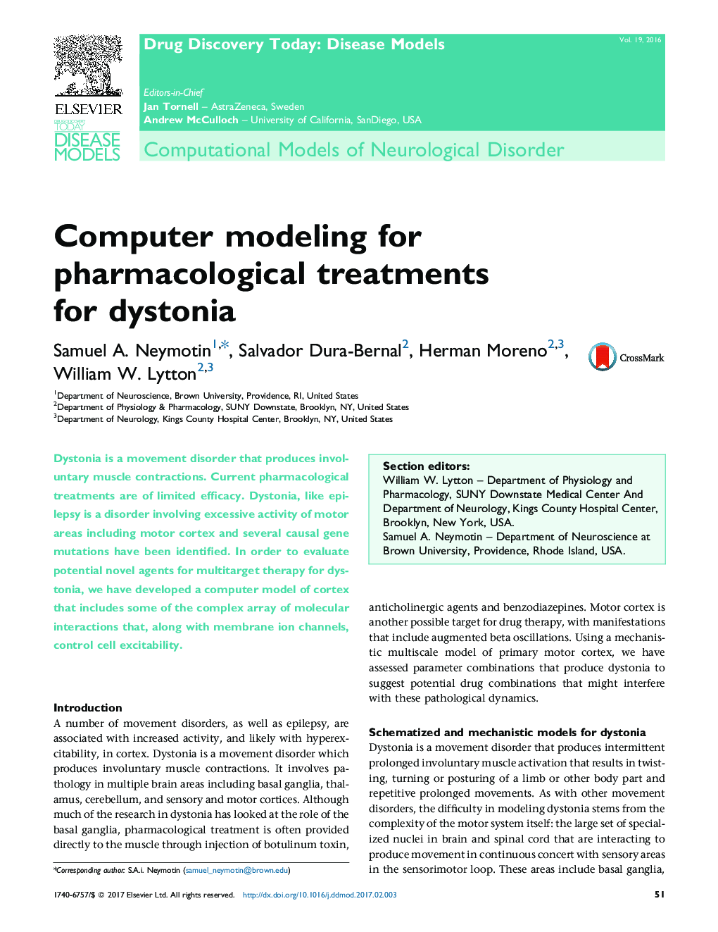 مدل های محاسباتی اختلال نورولوژیک مدل سازی کامپیوتری برای درمان های دارویی برای دیستونی 