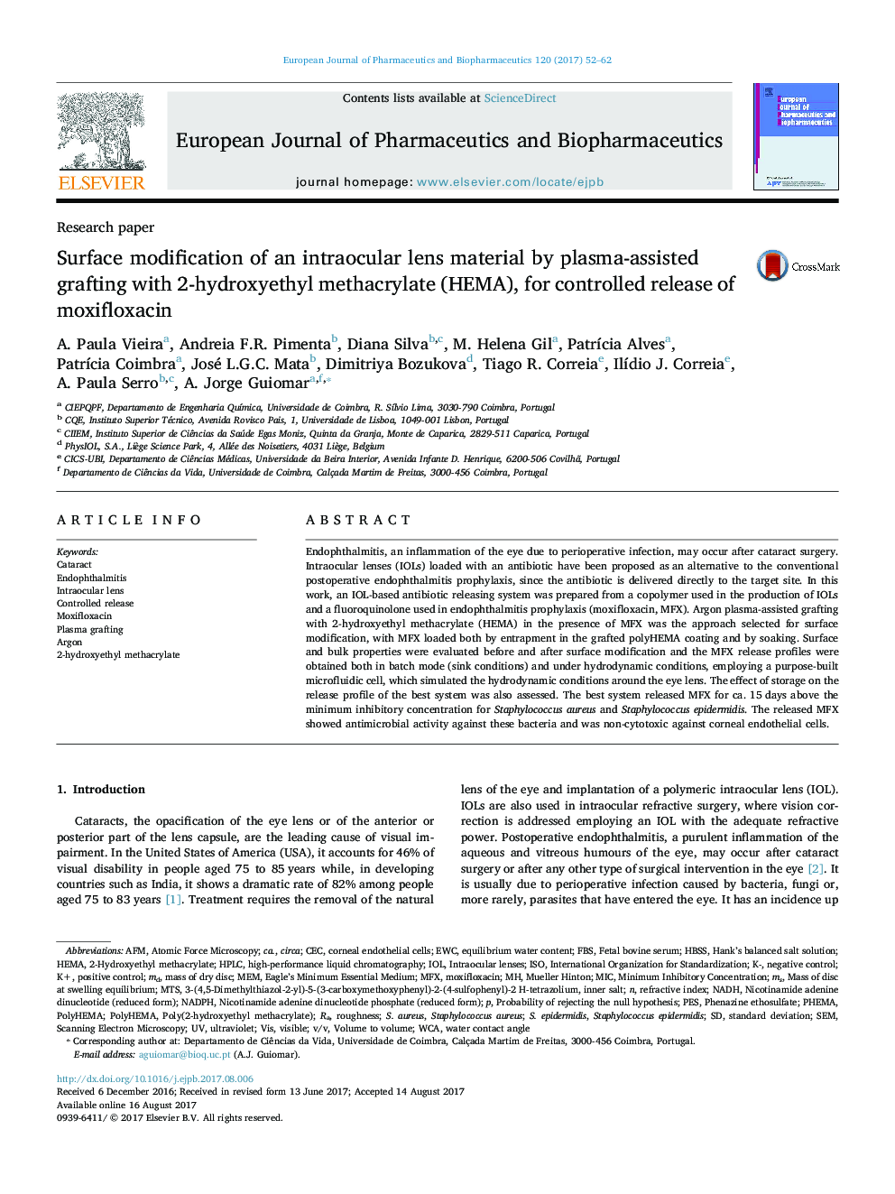 Research paperSurface modification of an intraocular lens material by plasma-assisted grafting with 2-hydroxyethyl methacrylate (HEMA), for controlled release of moxifloxacin