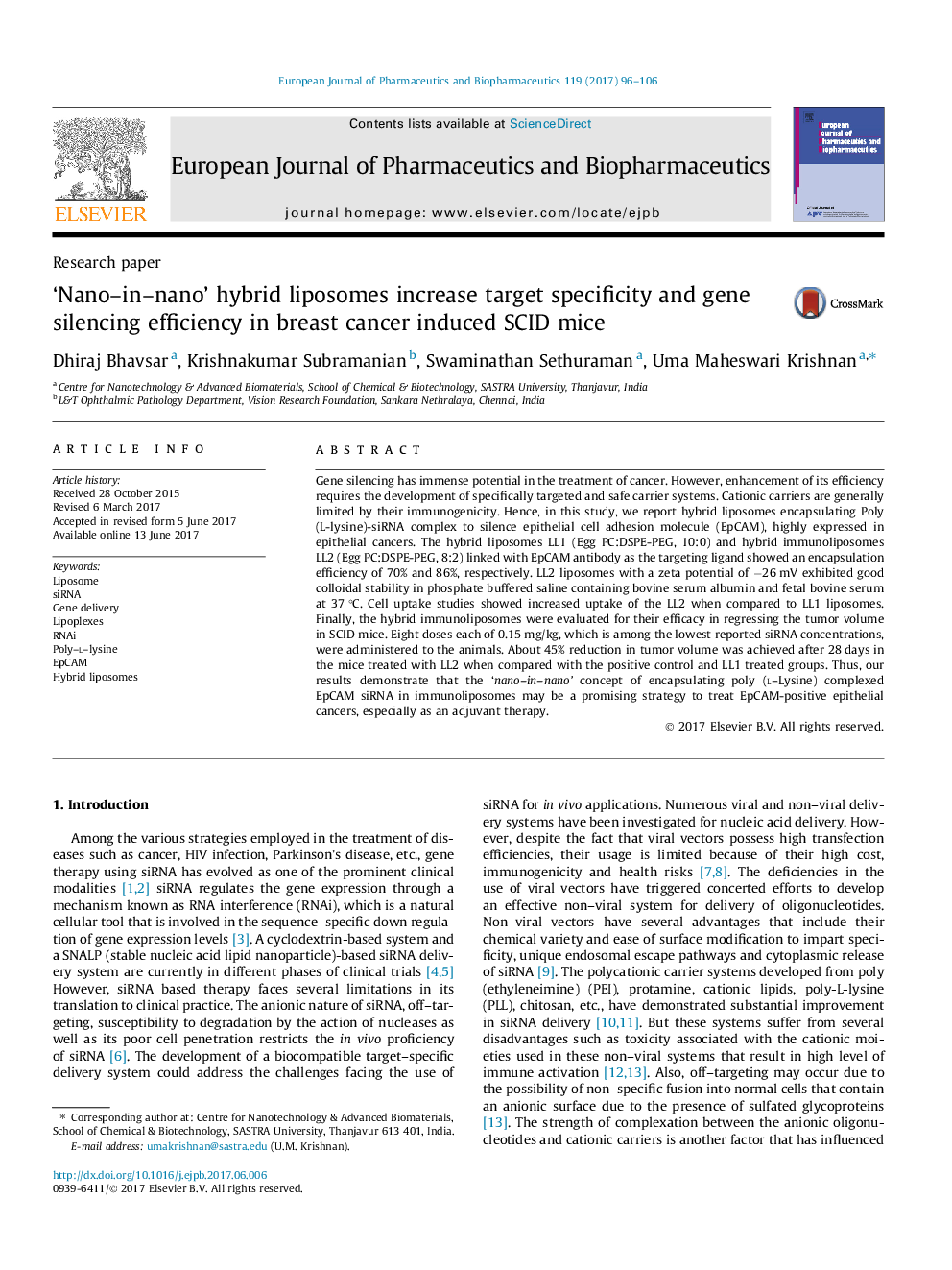 Research paper'Nano-in-nano' hybrid liposomes increase target specificity and gene silencing efficiency in breast cancer induced SCID mice