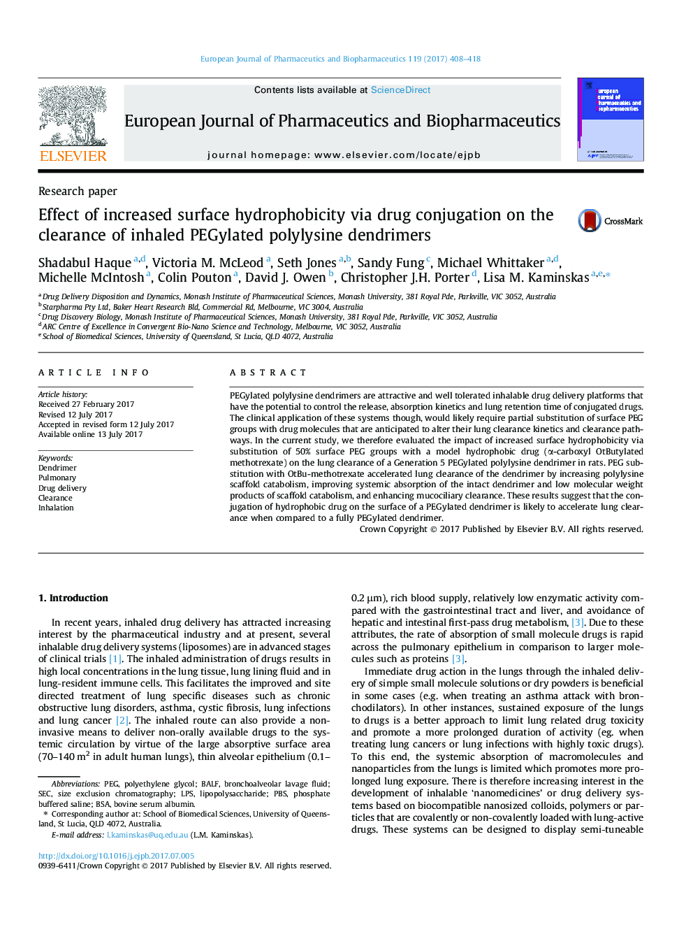 Research paperEffect of increased surface hydrophobicity via drug conjugation on the clearance of inhaled PEGylated polylysine dendrimers