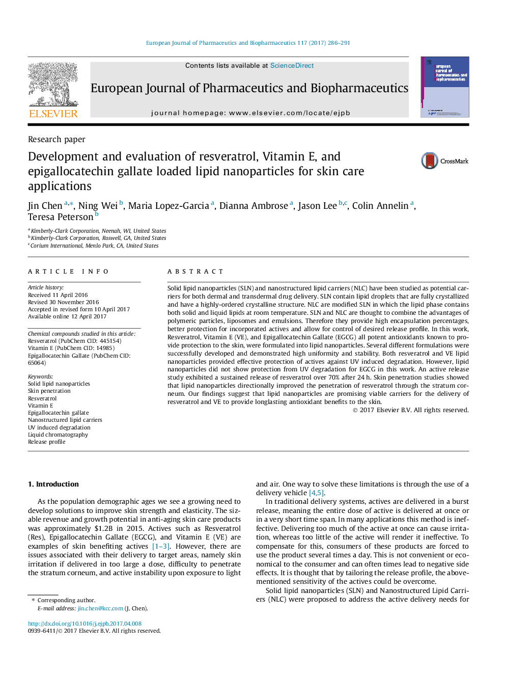 Research paperDevelopment and evaluation of resveratrol, Vitamin E, and epigallocatechin gallate loaded lipid nanoparticles for skin care applications