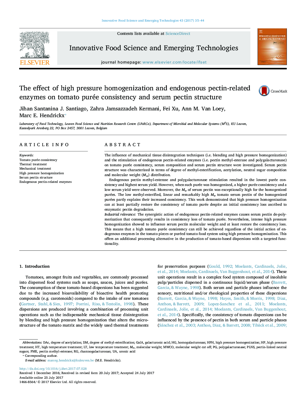 The effect of high pressure homogenization and endogenous pectin-related enzymes on tomato purée consistency and serum pectin structure