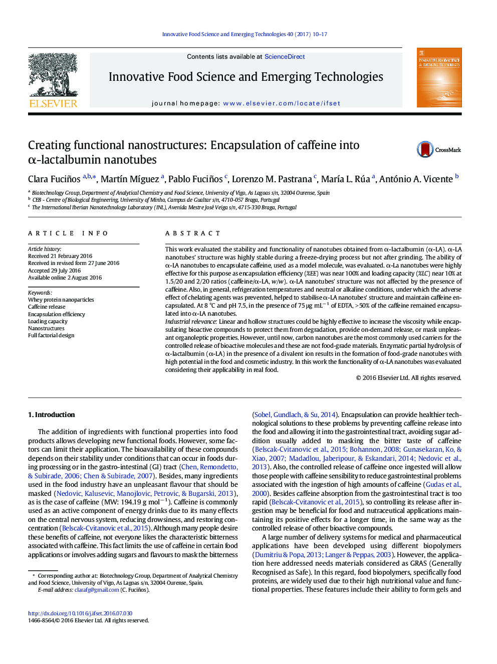 Creating functional nanostructures: Encapsulation of caffeine into Î±-lactalbumin nanotubes