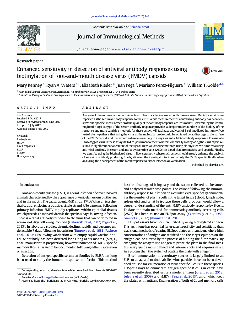 Research paperEnhanced sensitivity in detection of antiviral antibody responses using biotinylation of foot-and-mouth disease virus (FMDV) capsids