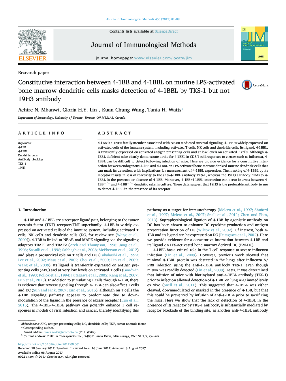 Research paperConstitutive interaction between 4-1BB and 4-1BBL on murine LPS-activated bone marrow dendritic cells masks detection of 4-1BBL by TKS-1 but not 19H3 antibody